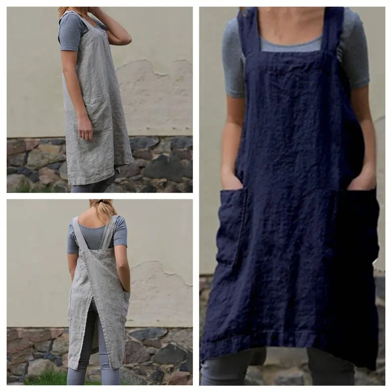New Brief Cotton Linen Cooking Kitchen Apron Mens Women Loose Solid Color Apron Bartender BBQ Chef Work Uniform JCX9098