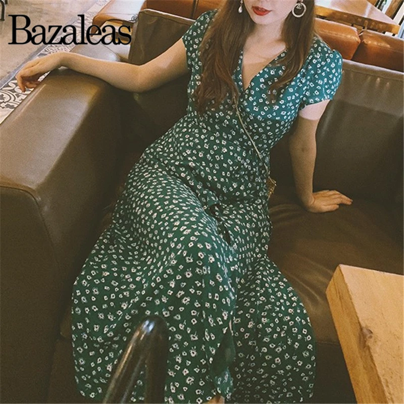 

Bazaleas Vintage button and tie front Dresses Green wrap front midi Dress Floral Print Short Sleeve Split summer Dress vestido