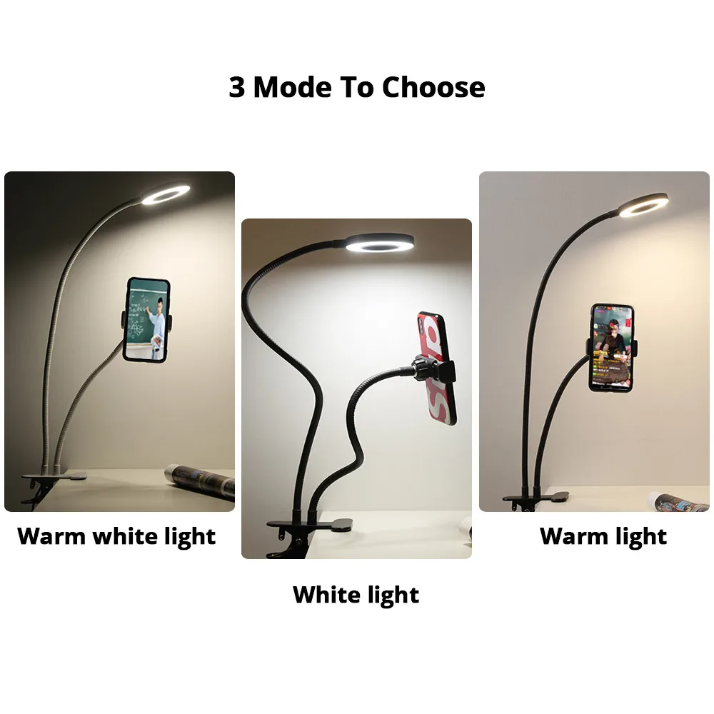  2 in 1 360 Rotating Phone Holder Stand Long Arm Flexible Desktop Stand 3 Modes Dimmable LED Fill Li