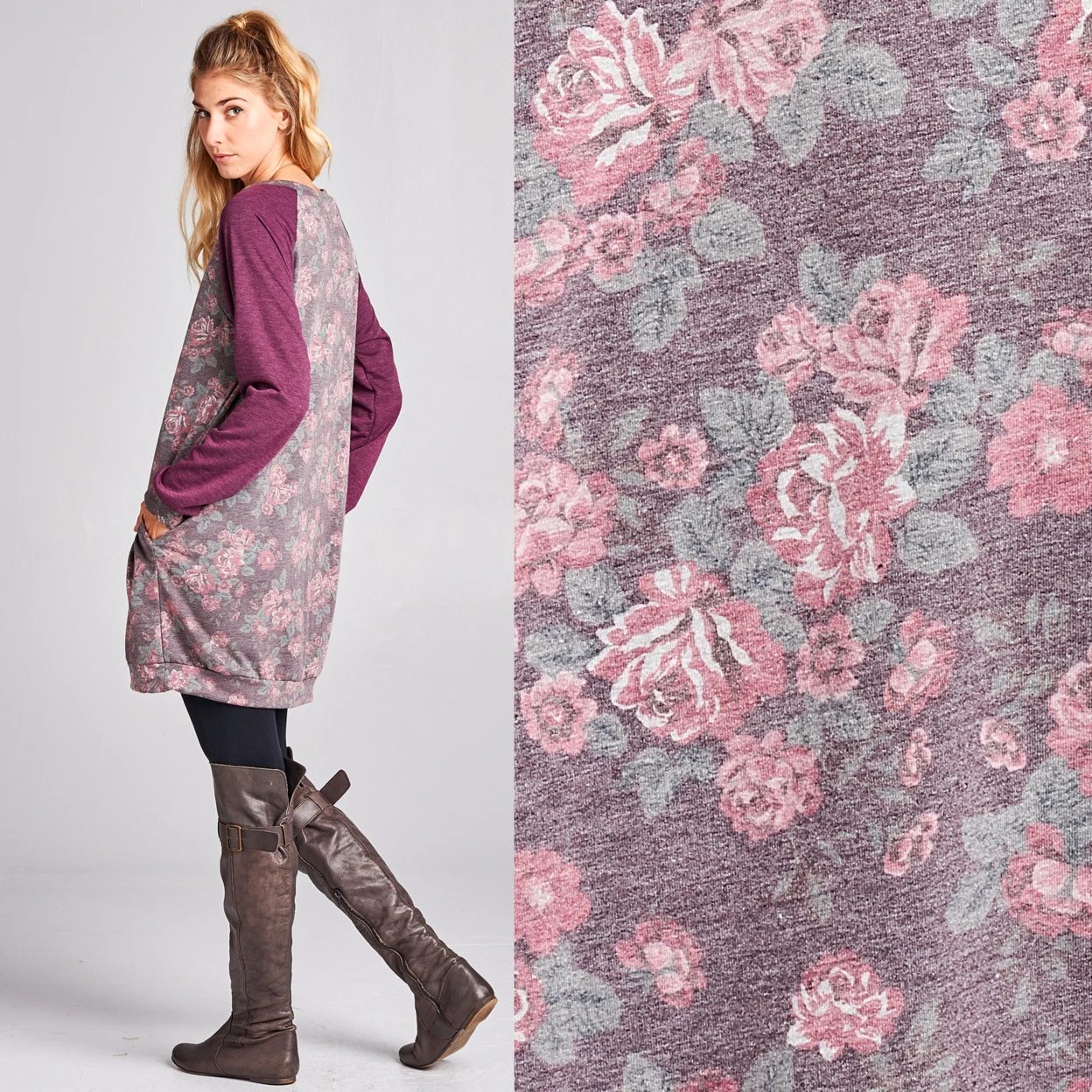 Floral French Terry Sweatshirt Dress with Pockets (4)