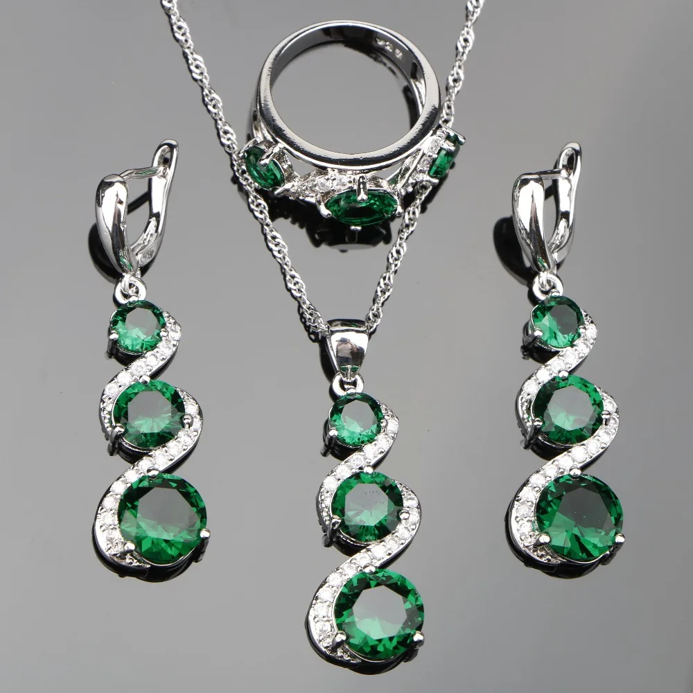 Green Cubic Zirconia 925 Sterling Silver Jewelry Sets For Bridal Women