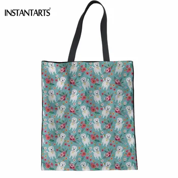 

INSTANTARTS Cute Animal Puppy Westie Flower Print Women Linen Shopping Bags Fashion Female Recycling Bag Multi-function Bookbags