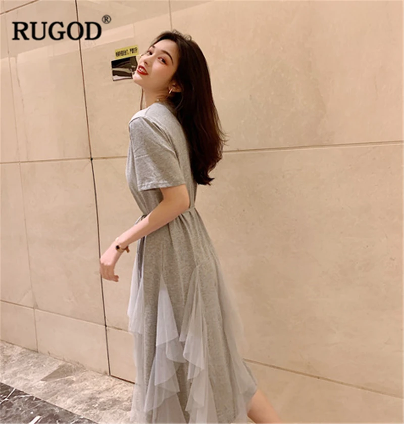 

RUGOD 2019 New Arrival Women Solid Dress Mesh Patchwork Tunic Irregular Dress O-neck Short Sleeves Temperament Mujer Vestidos