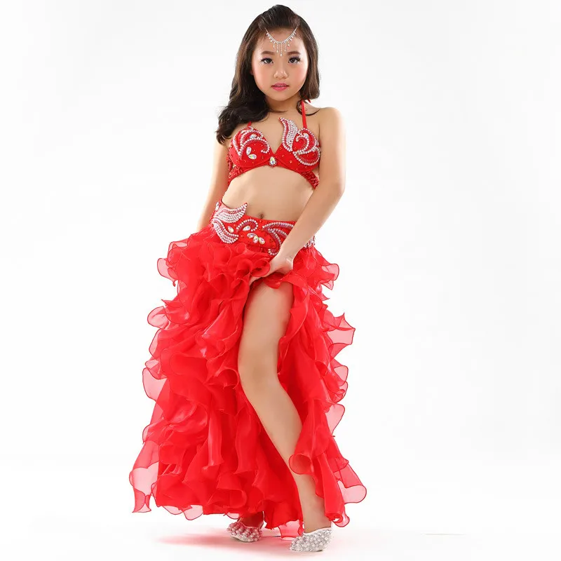 3 шт. детский набор костюма для танца живота девушки Современный бальный танец платье испанский танец платье Восточный Болливуд танцевальные костюмы 89 - Цвет: red