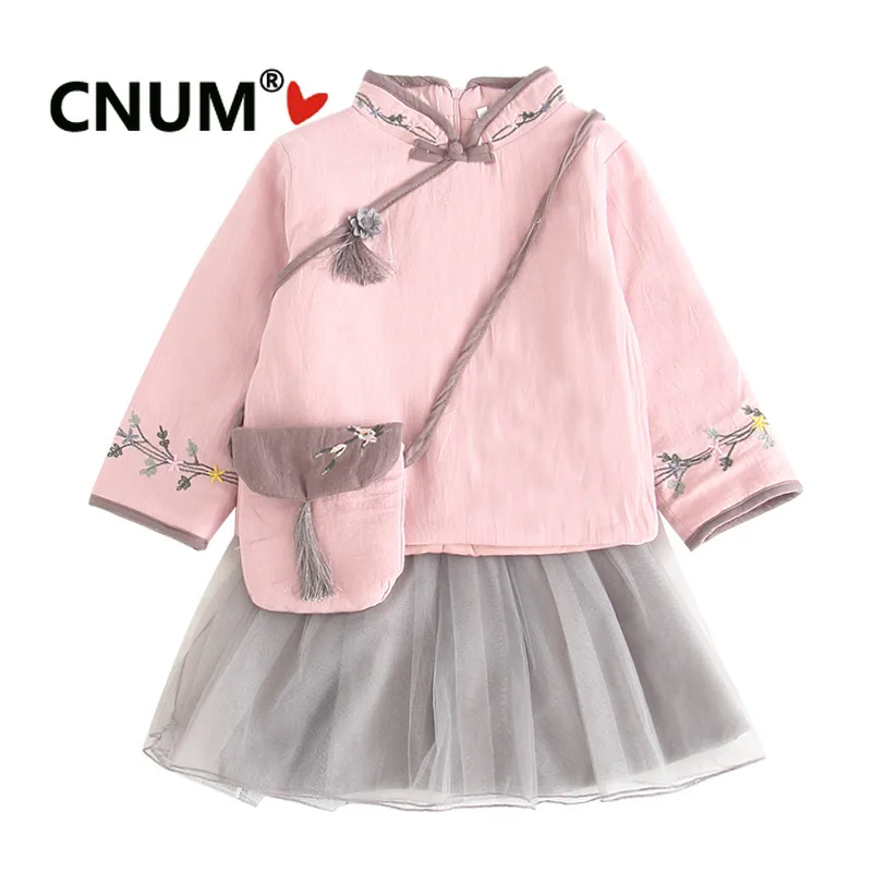 

CNUM Toddler Girl Clothes Winter Cotton Thickening Kids Suits Clothing Sets Little Girls Outfits Christmas Dress Sets with Bags