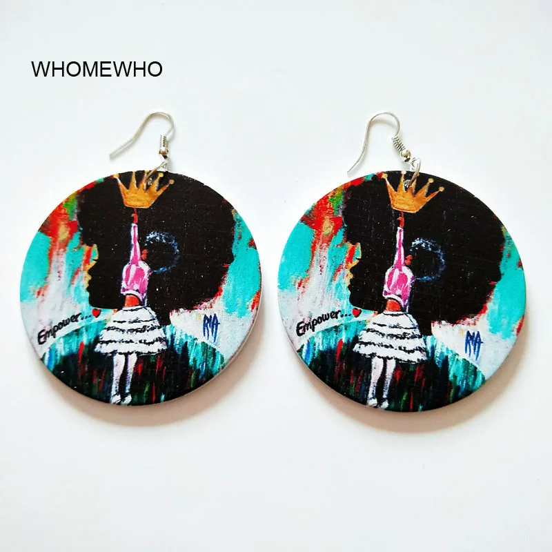 

Wood Africa Girl Queen Crown Empower Letter Afro Rock Earring Vintage Wooden African Hiphop Tribal Party Club Ear Silver Jewelry