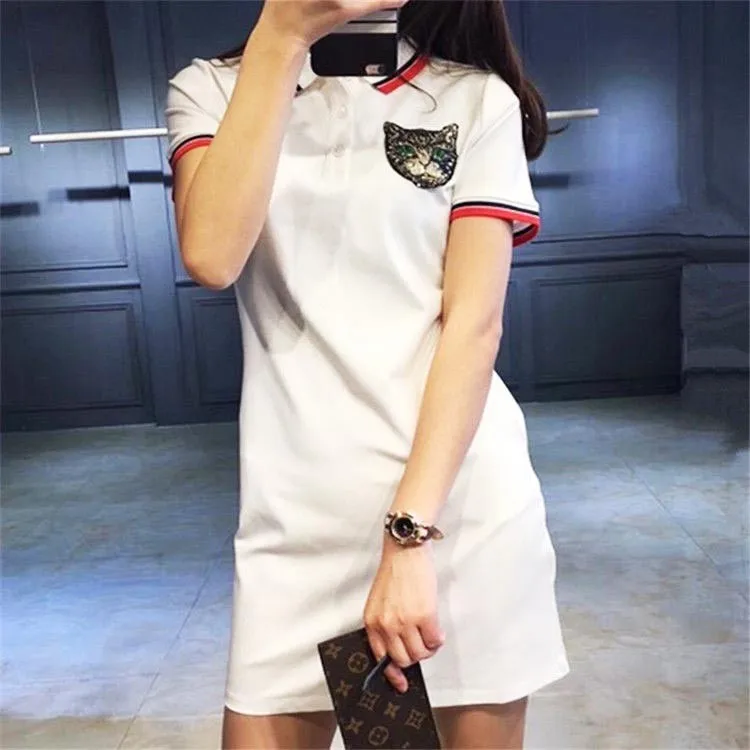 

Hot Sale Women Fashion Short Sleeve Lapel Collar Cat Appliques Loose Casual Long Top Shirt Tops T Shirt Mini Dress Dresses S-XL