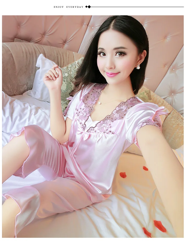 2 шт., Женская атласная шелковая кружевная повседневная одежда для сна с коротким рукавом, пижамный комплект, женские ночные рубашки, Пижама для женщин