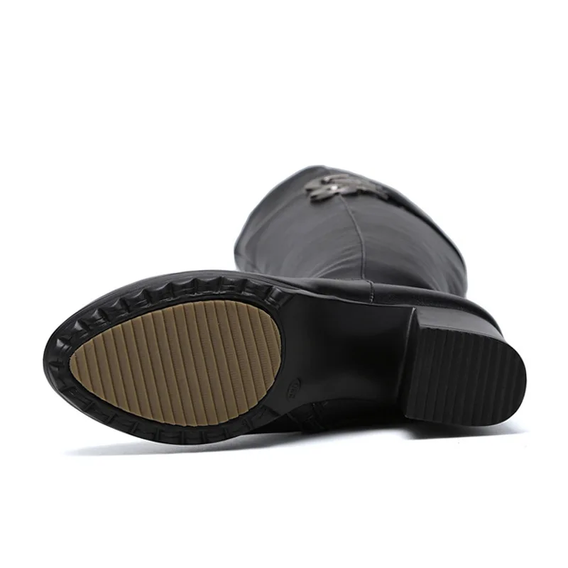 Invierno Genuino En Calientes De Las Manera Negro Mujeres Zapatos Punta Redonda Botas Otoño Tacones Mujer Cuero Gruesos Señoras Altas La twppX0qx