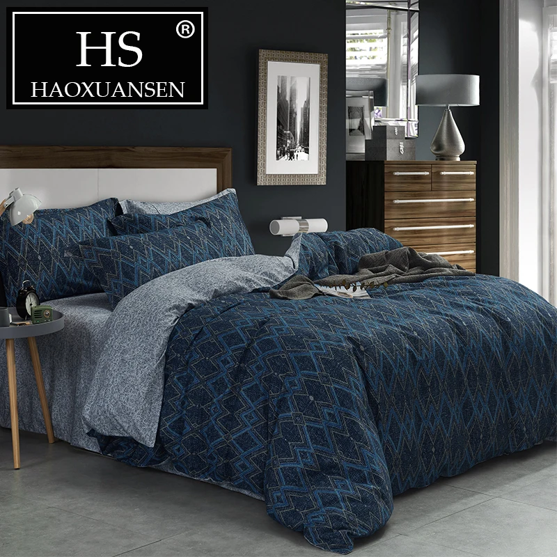 

Nordic Dark Blue Soft Sanding Cotton 4pcs Bedding Sets Diamond Pattern Design Autumn Winter Bedroom Home Decor Queen King Size