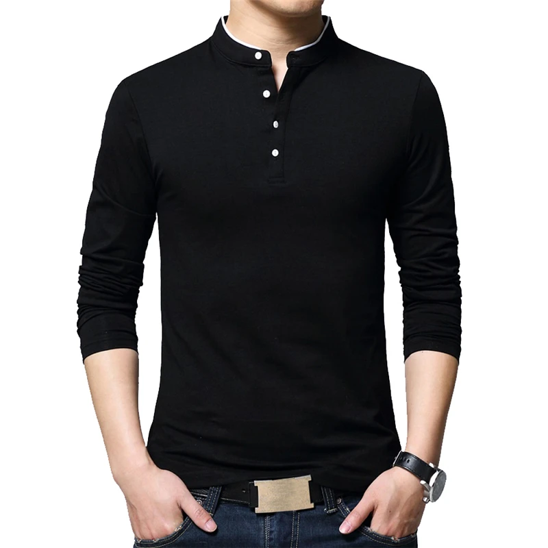 BROWON бренд осень повседневные мужские футболки мода проданный цвет мандарин воротник длинный рукав футболка люксовый размера плюс M-5XL