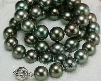 

stunning AAA++11-12mm Tahitian black green pearl necklace 18inch 14
