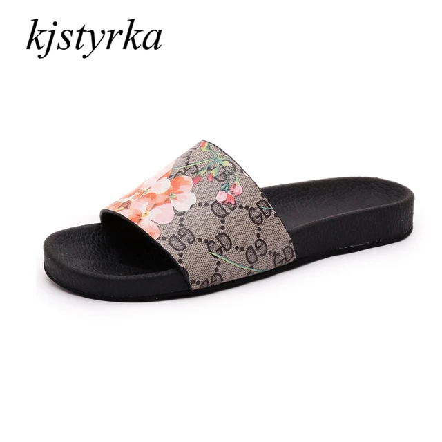 Kjstyrka 2018 Women Slippers Casual Flats Shoes Brand Designer Embroider Blooms Slip On Slides Beach Slipper Size 35-40