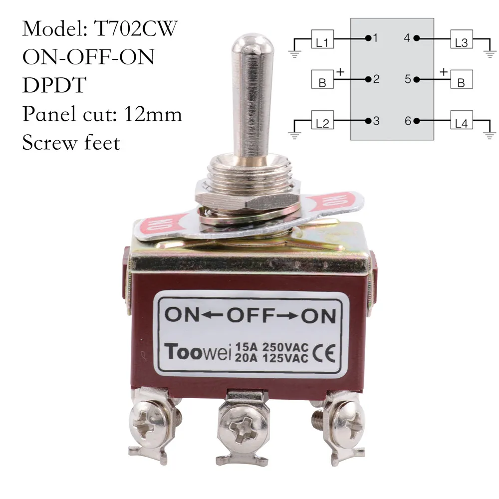 TOOWEI SPST DPDT тумблер ВКЛ.-ВЫКЛ.-ВКЛ.-ВЫКЛ. Клавишный выключатель питания переменного тока 250 В 15А 125 в 20А - Цвет: T702CW