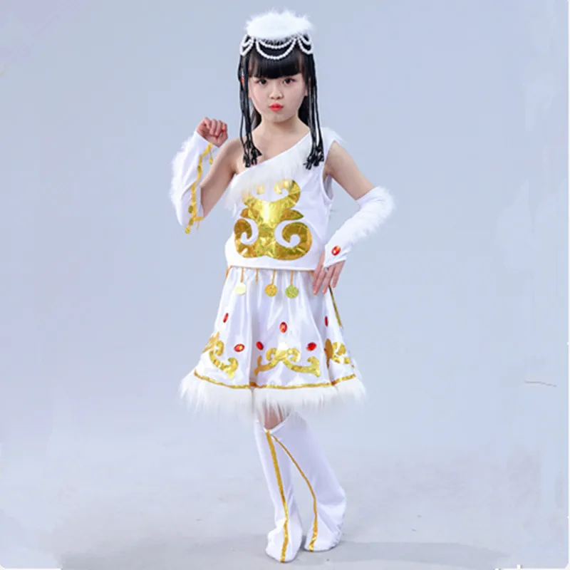 Белый Танец меньшинств костюм детский сад танцевальный костюм для девочек Китайская национальная одежда Национальный костюм принцессы
