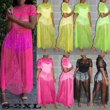 Стильный Для женщин сексуальное кружевное пляжное платье короткий рукав прозрачный сплошной Пляжная накидка Сетка Прозрачная женская летняя Клубная обувь; вечерние платье S-XXL