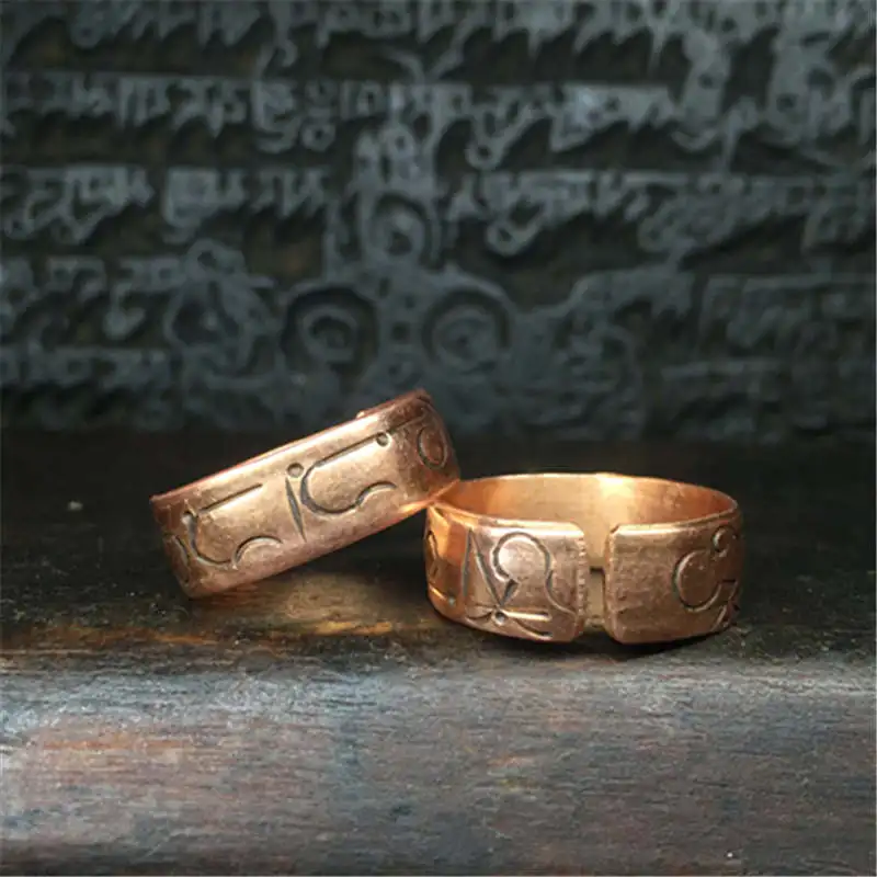 

R048 Tibetan Mantras Amulet Rings for Man Red Copper Open Ring OM MANI PAD ME HUM