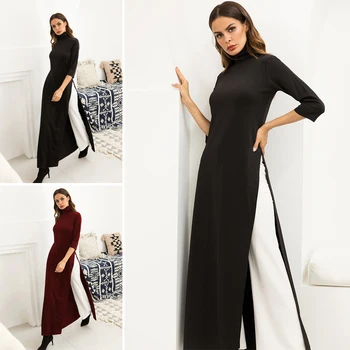 

Women Dress Ao Dai Style Maxi Turtle Neck 3/4 Sleeve Loose Elegant Slit Casual Fashion