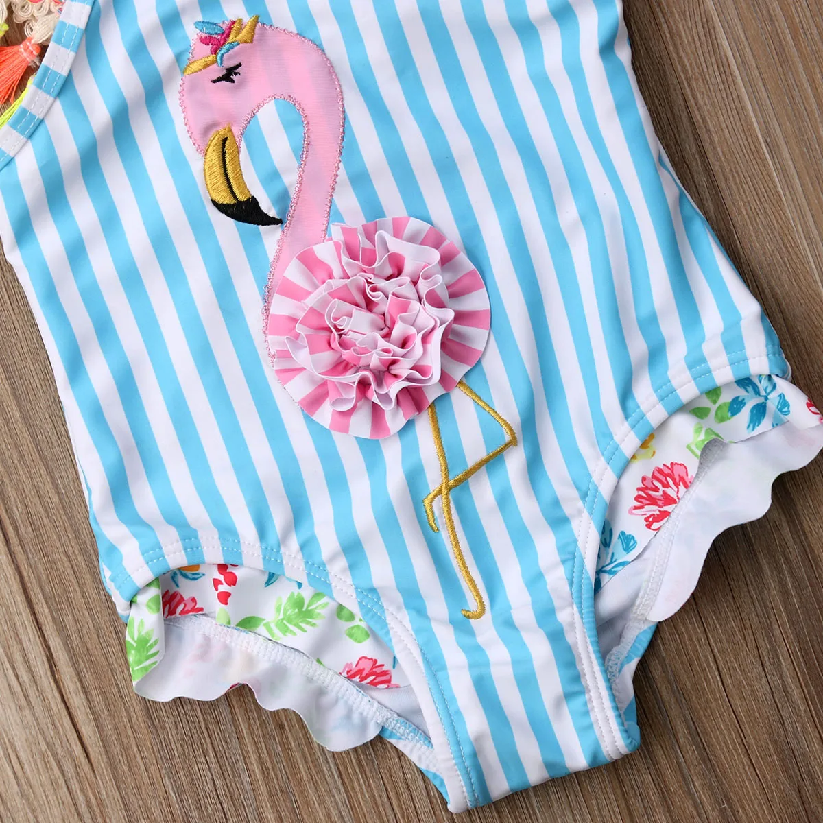 Брендовая одежда для маленьких девочек с рисунком фламинго, танкини, новые летние купальники с кисточками и цветочным рисунком, 3D фламинго, купальный костюм, пляжная одежда