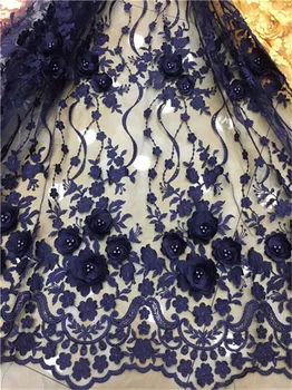 

Nigerian Lace Fabric 2019 beads High Quality 3D Lace African Cord Lace Fabric Navy Blue French Tulle Lace Fabric For Wedding