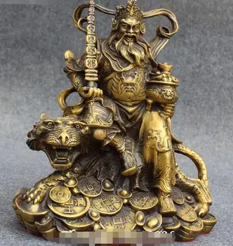 

9" Chinese Bronze Gilt Mammon Money Wealth God Treasure Bowl Ride Tiger Statue