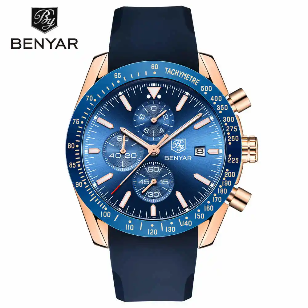 Топ бренд класса люкс BENYAR мужские спортивные часы хронограф силиконовый ремешок Кварцевые армейские военные часы мужские Relogio Masculino - Цвет: Gold Blue