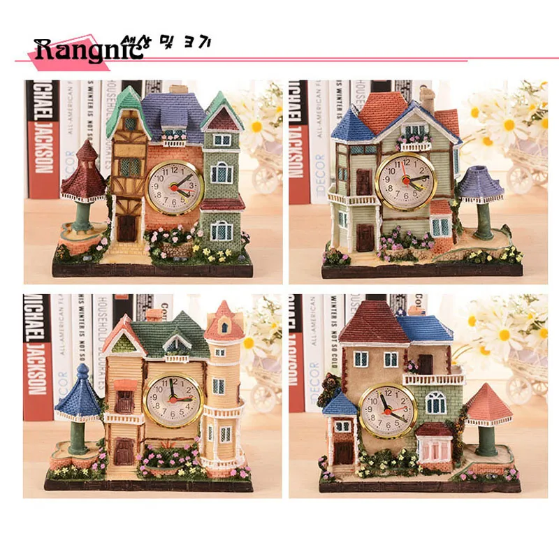 Rangnic Vintage Resin Europe Style Clocks Decorative alarm clock Building House Creative Home