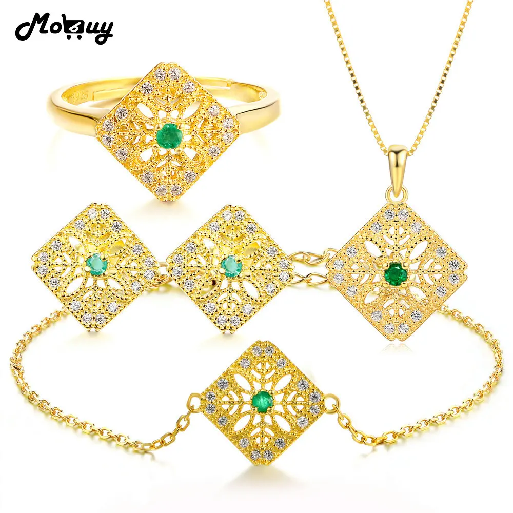 

MoBuy Natural Gemstone Emerald 4pcs Jewelry Sets 100% 925 Sterling Silver Yellow Gold Fine Jewelry For Women Wedding V029EHNR