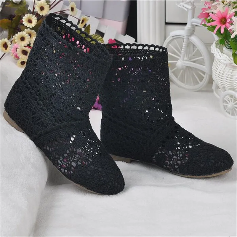 Femininas de Malha Botas de Malha de Fundo Botas de Renda Primavera e Outono Sapatos com Calçados Oca para Primavera e Outono Botas Plano Tubo Alto Baixo Femininas Respiráveis 2021 - 5 Botas de cano médio