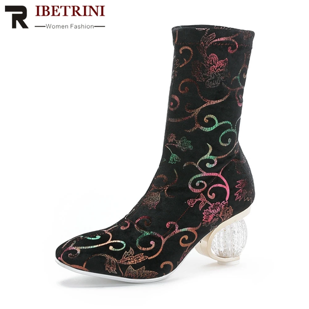 

RIBETRINI New Big Size 34-44 Ladies Strange Style High Heels Print Flowers Shoes Woman Party Sexy Autumn Winter Ankle Boots