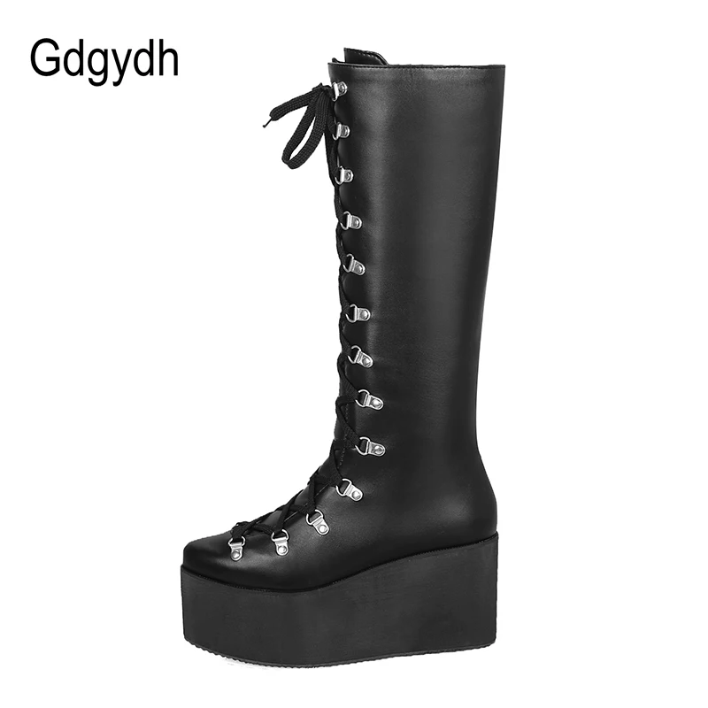 Najtaniej Gdgydh damskie buty do kolan klinowe obcasy buty na platformie kobieta Punk Gothic buty szpiczasty nosek zasznurować wygodne duże rozmiary 43
