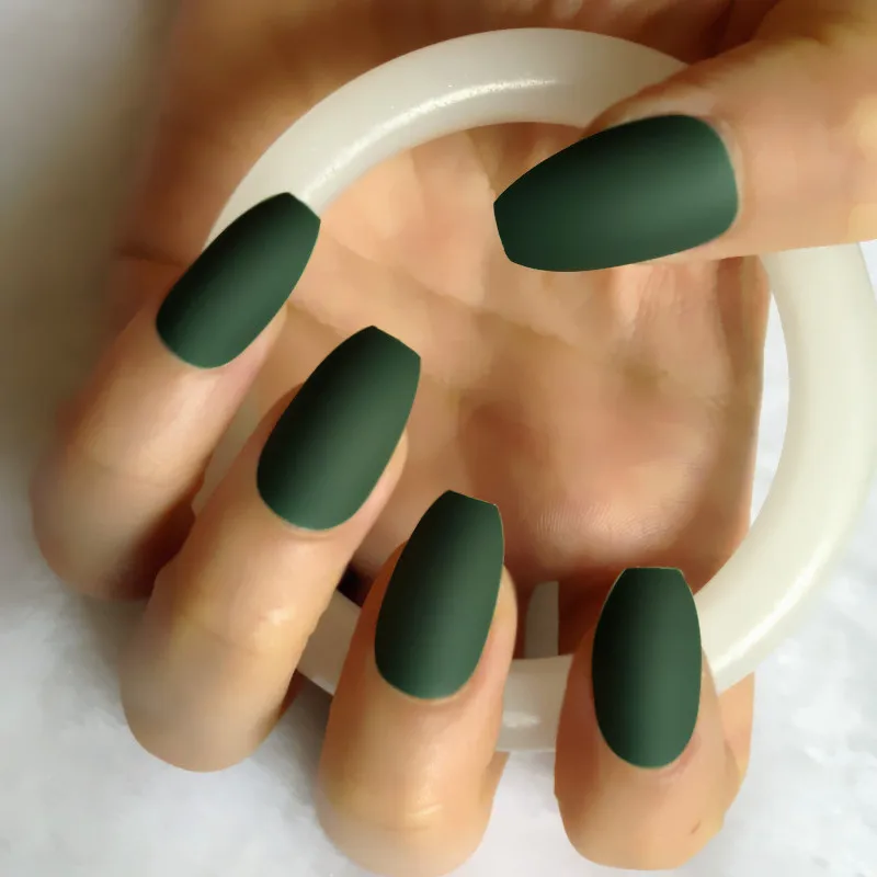 

Candy 24pcs New Coffin Matte Fake Nails Long Round soft Frosted Press On Nails Coloured Emerald Green False Nails