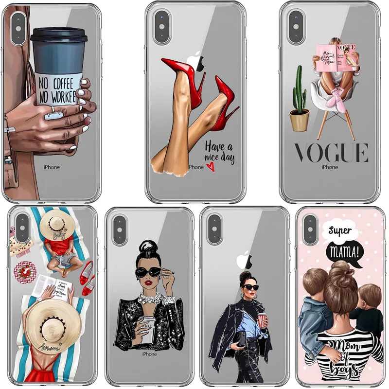 

Summer travel beach Princess Girl Case For iPhone X 8 7 6 6s Plus 5 5s SE XR XS MAX Silicone VOGUE coffee Woman mom Phone Cover