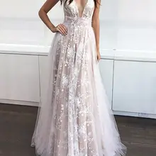 Платья для выпускного вечера с глубоким v-образным вырезом и открытой спиной цвета шампанского элегантные трапециевидные платья без рукавов длиной до пола Длинные вечерние платья из тюля с аппликацией