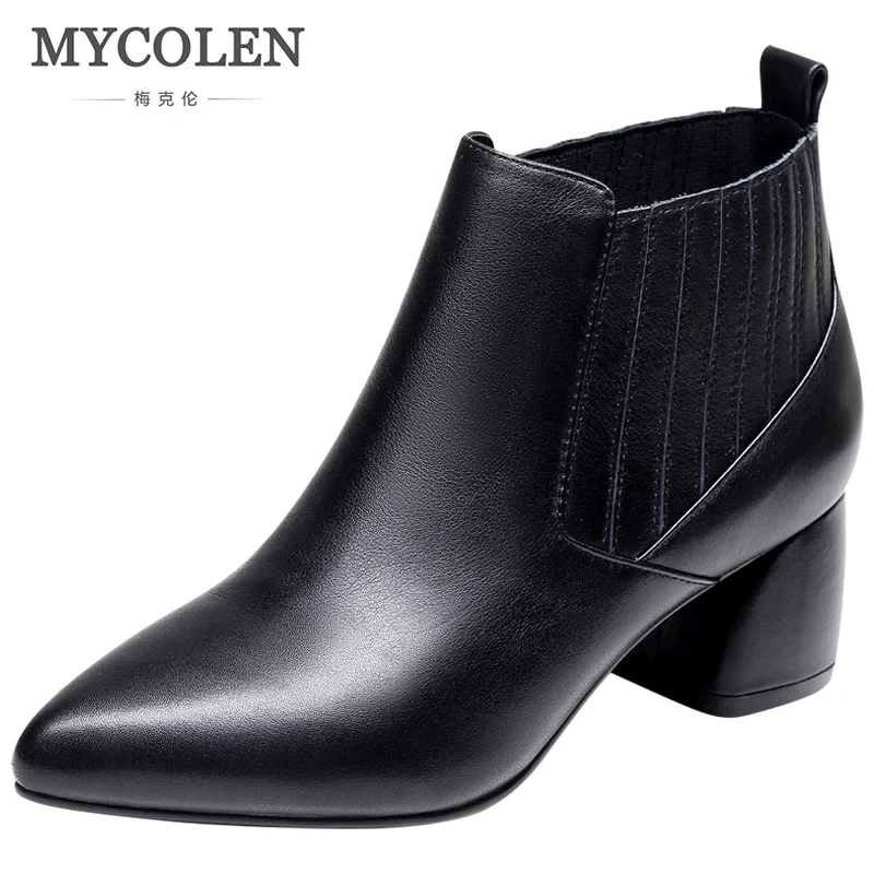 

MYCOLEN Fashion Brand Pointed Toe Leather Chelsea Boots Women Plush Warm Winter Ankle Boots Ladies High Heel Solid Short Boots