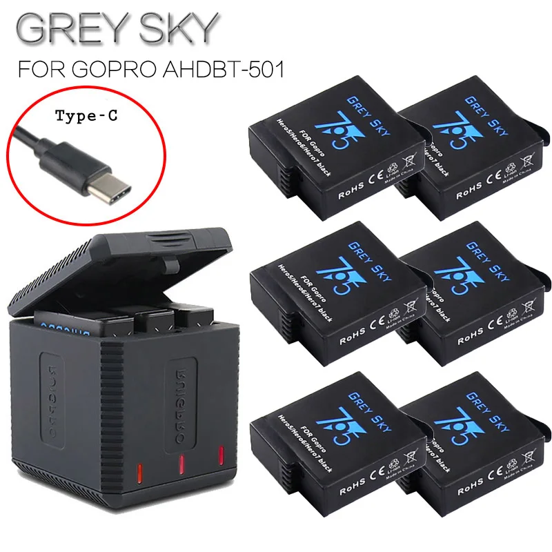 

high quatity Fully Decode Go pro Hero5 Hero6 Battery+ 3 Port TYPE-C Charger For GoPro Go pro Hero 5 6 7 black Camera Accessories