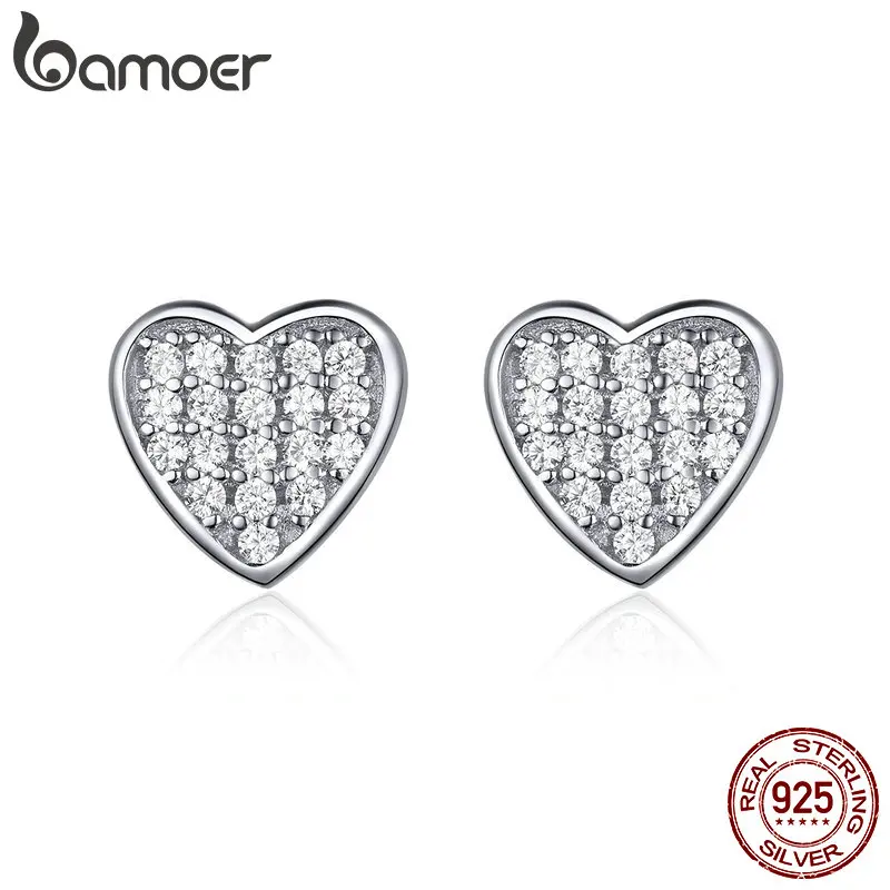 

BAMOER Romantic New 925 Sterling Silver Clear Zircon Love Heart Small Stud Earrings for Women Sterling Silver Jewelry SCE559