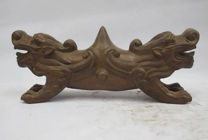 

10"China Classical Bronze Two Dragon Kirin Brave troops Dynasty Brush Penholder a 0518