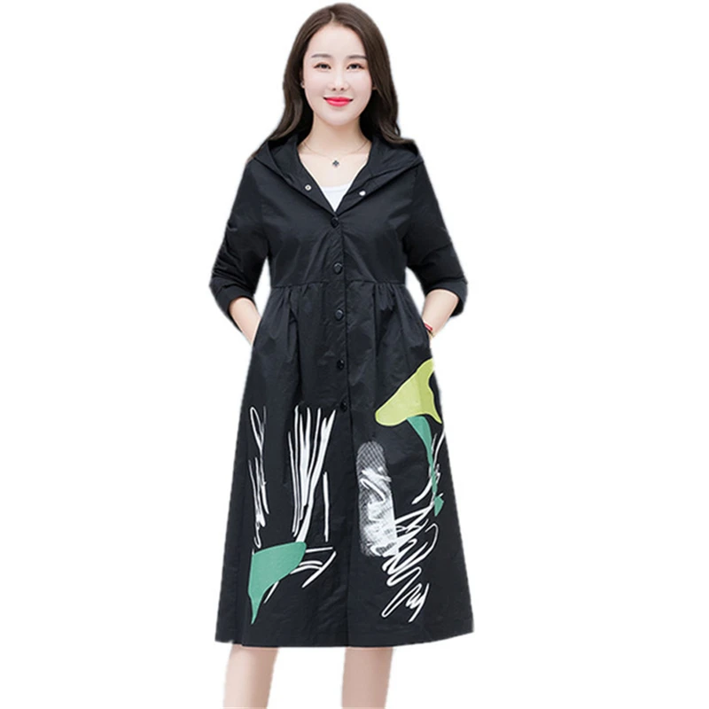 

2019 Autumn New Women Trench Coat Single-breasted Print Hooded Womens windbreaker Loose Waterproof Raincoat Business Outerwear