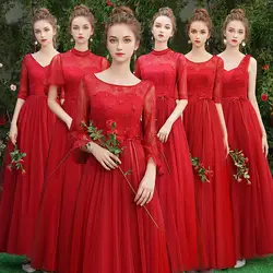 Красные длинные кружевные платья подружки невесты больших размеров для женщин трапециевидной формы с коротким рукавом Vestido da dama de honra