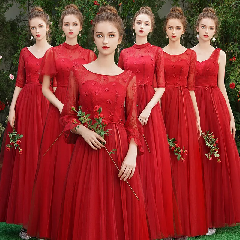 Vestidos de honor largos de encaje rojo, talla grande, para mujer, línea A, Media manga|Vestidos dama de honor| - AliExpress