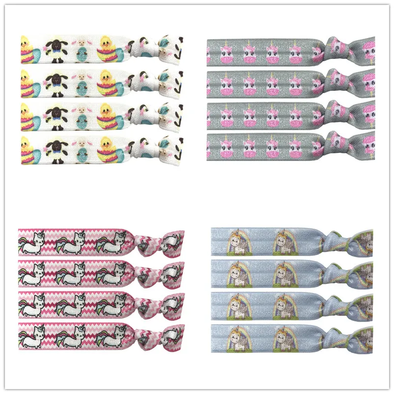 

4 Colors 40pcs Cat Rainbow Unicorn Sheep Iridescent Prints Elastic Knotted Hair Tie Bracelet Bangle Ponytail Hair Accessories