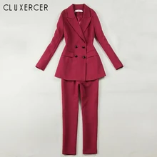 Женский офисный Женский комплект из двух предметов, однотонный красный винный элегантный двубортный пиджак с отложным воротником и брючный костюм