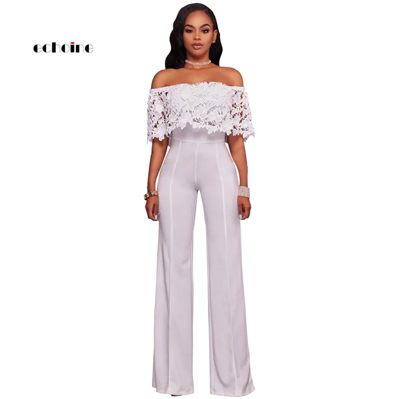 

Echoine Women Sexy Strapless Jumpsuit Floral Lace Appliques Slash Neck Off Shoulder Long Wide Leg Pants Female Exquisite Rompers