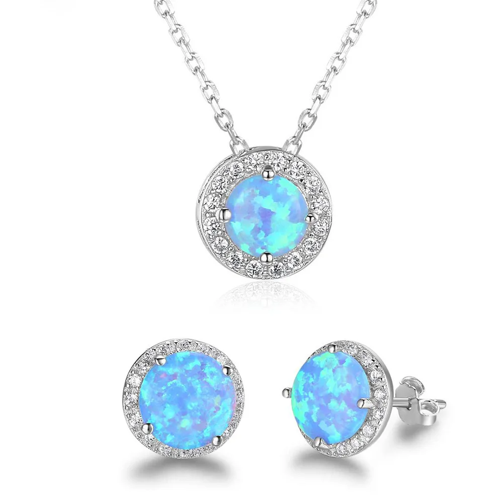

3Pcs/Set Nature Blue Opal Ou Bo Earrings Female Pendant Necklace Jewelry Set Friendly Copper Plated S925 Silver Gem Jewelry