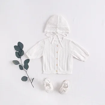 

Spring and Summer Sweet Solid Color Cardigan Sunscreen Cropped Sleeves Knit Openwork Jacket with Hat