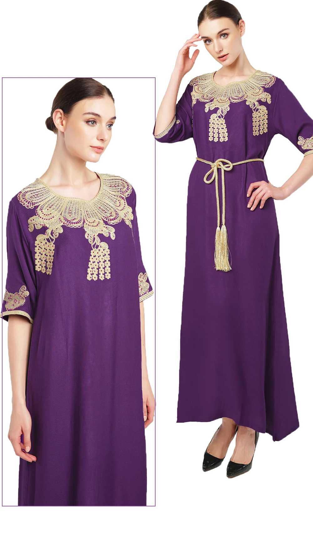 Богемский стиль, женское Макси длинное платье, винтажное платье, туника, мусульманский кафтан, черное повседневное этническое платье, вышивка нитками, халаты 1717