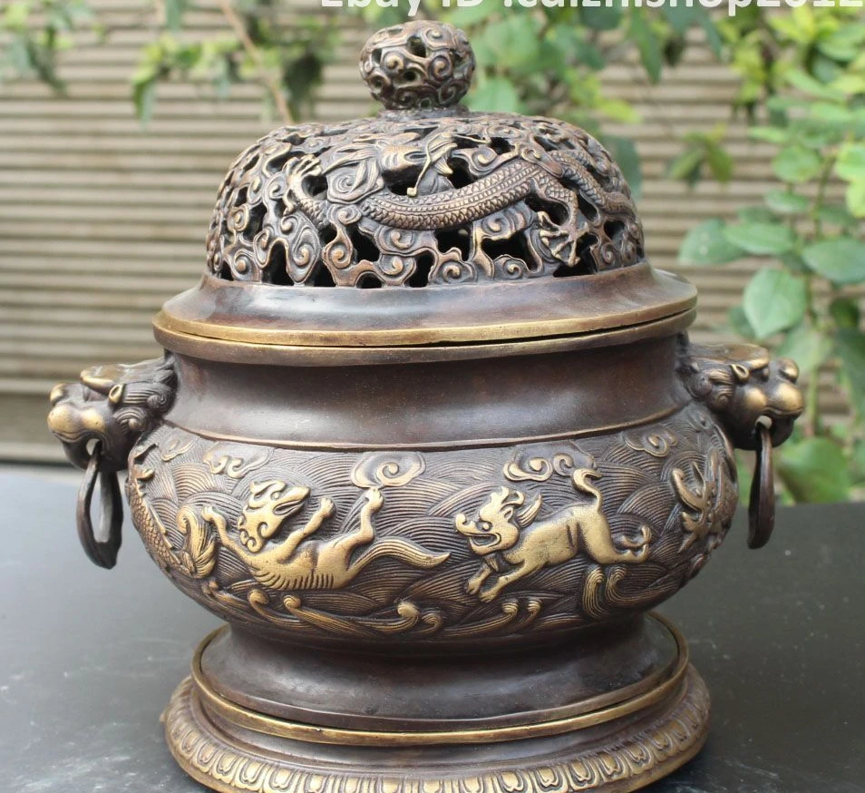 10 Chinese Folk Tradition Copper Carving Fly Dragon Lion incense burner Censer a1