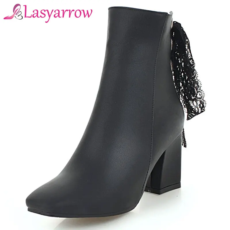 

Lasyarrow Ankle Boots For Woman Square Toe Zipper Botas Mujer Back Lace Up Short Boots Shoes Woman Wedding Shoes Female F491