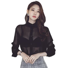 

Black Transparent Blouse Sexy Plus Size Tops Long Sleeve Dames Kleding Elegant 2018 Spring Women Shirts Sexy Blouse KC7E001